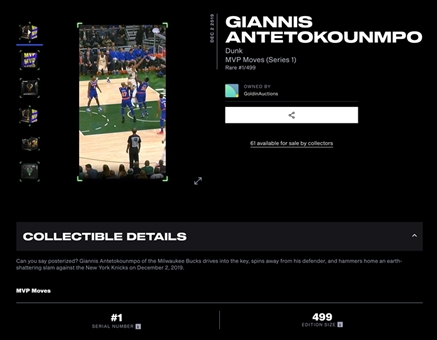 2019-20 NBA Top Shot "MVP Moves" (Series 1) Giannis Antetokounmpo Dunk (#1/499)